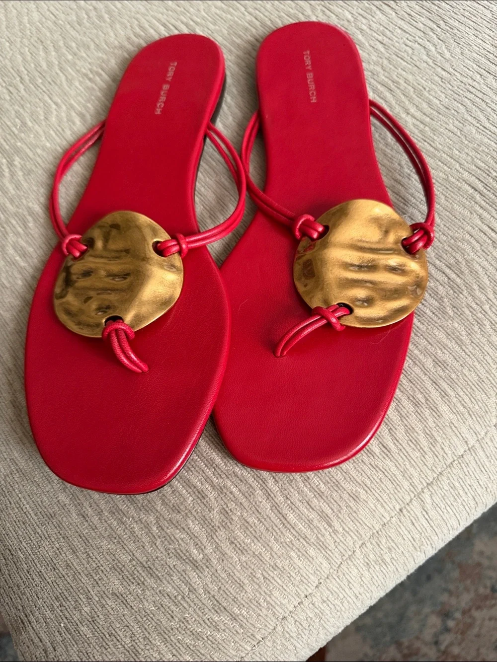 Tory Burch Patos Leather Flat Sandal Red Gold Medallion
